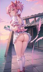 1girls ai_generated ass ass_focus back_view backside butt_focus female female_focus female_only hair_ribbon heels highres holding_object looking_back madoka_kaname magical_girl magical_girl_outfit mahou_shoujo_madoka_magica no_panties pink_eyes pink_hair puella_magi_madoka_magica red_heels red_ribbon ribbon ribbons seaside smile solo solo_female solo_focus thick_thighs twintails upper_body white_socks