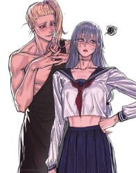 1boy angry annoyed biting_own_lip blonde_hair blue_dress blue_eyes blue_sailor_collar blue_skirt blush female genderswap genderswap_(mtf) haruta_shigemo highres jujutsu_kaisen looking_away mahito_(jujutsu_kaisen) midriff ponytail red_neckwear rule_63 sailor_collar school_uniform serafuku simple_background stiches wengwengchim white_hair