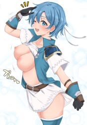 1girls ;d bare_midriff bare_thighs belt blue_eyes blue_hair boots bouncing_breasts breasts breasts_out clothes_lift female female_only fire_emblem fire_emblem:_the_binding_blade gesture gloves happy headband jacket light_blue_eyes light_blue_hair looking_at_viewer medium_breasts midriff miniskirt motion_lines nintendo nipples one_eye_closed salute shanna_(fire_emblem) short_hair short_sleeves skirt smile solo sound_effects thigh_boots thighs toshimasa white_background wink