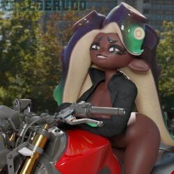 1girls 3d 3d_model anthro bike biker_jacket blender blender_(software) blender_cycles breasts city_background dark-skinned_female dark_skin female female_only goes_hard jacket looking_back marina_(splatoon) marina_(wo262) motorcycle nintendo no_panties no_shirt octoling octoling_girl self_upload smile solo splatoon street tealgerudo tentacle_hair thick_thighs watermark