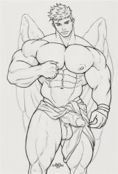 1boy abs alexcherubic angel angel_wings balls huge_cock male male_focus male_only muscles muscular muscular_arms muscular_male navel original pecs penis six_pack sketch wings