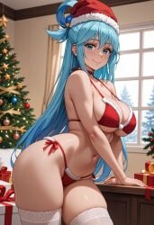 ai_generated aqua_(konosuba) big_ass big_breasts blushed christmas christmas_bikini christmas_outfit indoors kono_subarashii_sekai_ni_shukufuku_wo! konosuba:_god's_blessing_on_this_wonderful_world! santa_hat wide_hips