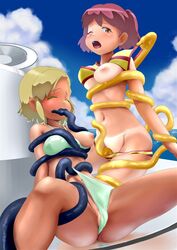 2girls angol_mois bikini blonde_hair blush breasts closed_eyes clothing clouds color female keroro_gunsou multiple_girls multiple_subs natsumi natsumi_hinata nipple nipples open_mouth oral outdoors penetration purple_hair restrained spread_legs tentacle tentacles_under_clothes wince