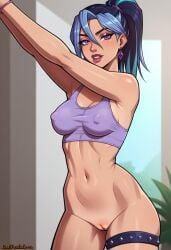 1girl ai_generated artist_name blue_hair bottomless breasts cleavage covered_nipples earrings hair_between_eyes jewelry k/da_series kai'sa league_of_legends lipstick looking_at_viewer makeup medium_breasts navel ponytail purple_eyes pussy solo sports_bra standing thigh_strap uncensored underwear watermark web_address