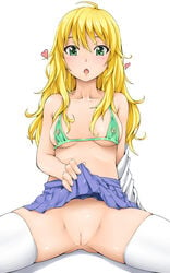 1girls bikini bikini_top blonde_hair blush breasts female green_bikini green_eyes heart highres hoshii_miki idolmaster idolmaster_2 lambda_(kusowarota) long_hair nipples no_panties open_mouth pussy skirt skirt_lift solo swimsuit thighhighs uncensored white_legwear