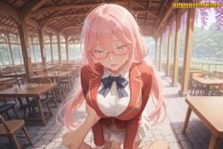 1boy 1girl ai_generated blazer blue_bow blue_bowtie blue_eyes blush bow bowtie breasts buttons chair classroom_of_the_elite clothed_sex collared_shirt cum cum_overflow day drooling food girl_on_top glasses grabbing hair_between_eyes heart heart-shaped_pupils hetero indoors jacket large_breasts long_hair long_sleeves looking_at_viewer low_twintails miniskirt nivora open_mouth outdoors penis pink_hair pleated_skirt pov red-framed_eyewear red_jacket sakura_airi saliva school_uniform semi-rimless_eyewear sex shirt sitting skirt solo solo_focus symbol-shaped_pupils table tongue tongue_out twintails uncensored vaginal white_shirt white_skirt youkoso_jitsuryoku_shijou_shugi_no_kyoushitsu_e