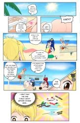 2boys 4girls beach beach_ball beach_volleyball bikini blonde_hair blue_hair buttybutter chubby chubby_female comic comic_page dialogue erza_scarlet fairy_tail fat food gray_fullbuster large_breasts lucy_heartfilia natsu_dragneel obese overweight overweight_female red_hair sparkling_eyes sweat weight_gain weight_gain_drive wendy_marvell