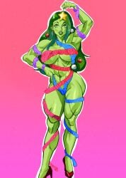 christmas christmas_ornaments christmas_outfit dlusional green_body green_eyes green_hair green_skin heels marvel marvel_comics muscular muscular_arms muscular_female muscular_legs muscular_thighs she-hulk tinsel