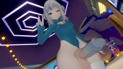 1futa big_ass big_breasts female futanari gawr_gura hololive huge_cock large_balls large_cock large_testicles looking_at_viewer looking_down peace_sign vrchat