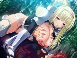 1boy 1boy1girl 1girls aishisu_petorouna_erensukaya armor blonde_hair blush breast_grab breast_squeeze breasts cowgirl_position erect_nipples hair isis_petrovna_ellenskaia kyonyuu_fantasy large_breasts nipples pussy_juice saliva sex sweat tiara waffle