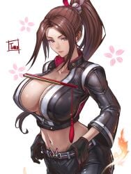 1girls artist_name belt big_breasts black_gloves black_jumpsuit breast_zipper breasts brown_hair cleavage commentary_request covered_nipples cowboy_shot crop_top cropped_jacket fatal_fury fatal_fury:_city_of_the_wolves female floral_background folded_fan folding_fan gloves grey_belt grey_eyes hand_fan high_ponytail highres holding holding_fan inner_sideboob jumpsuit king_of_fighters large_breasts leather leather_pants mai_shiranui mai_shiranui_(city_of_the_wolves) navel no_bra official_alternate_costume pants ponytail sidelocks snk solo tomo_eokaiteru white_background wide_sleeves zipper zipper_pull_tab