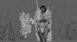 abs artistic_nude artistic_nudity asymmetrical_hair axe barbarian belt breasts breasts_out carrying detailed_background digital_painting_(artwork) fantasy female female_focus female_only frog gothic gothic_armor gothic_artstyle greyscale henchman huge_breasts impractical_armor justsomenoob large_areolae large_breasts larger_female melee_weapon meme monochrome muscles muscular muscular_female muscular_legs nipple_slip nipples no_visible_genitalia nonsexual nonsexual_nudity one_breast_out orc_female pepe_the_frog pointy_ears realistic realistic_breast_size realistic_proportions realistic_textures sagging_breasts shaved_side shorter_male shoulder_armor side_shave sketch skull subordinate sword sword_on_back taller_female tasteful tasteful_nudity unfinished warrior weapon