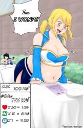 belly_button blonde_hair blush buttybutter chubby chubby_female clothed comic comic_page dialogue eating fairy_tail fat gray_fullbuster jealous juvia_lockser large_breasts lucy_heartfilia overweight overweight_female plump sparkling_eyes weight_gain weight_gain_drive