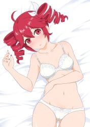 1girls 2d 2d_(artwork) artist_request ass_visible_through_thighs bed big_breasts blush bra breasts cameltoe female female_only hair_ornament hairbow half-dressed kasane_teto kasane_teto_(sv) large_breasts laying_on_bed lingerie nail_polish navel open_mouth painted_nails panties red_eyes red_hair solo solo_female synthesizer_v thick_thighs thigh_gap thighs twin_drills underwear utau