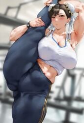 ai_generated chun-li curvy female glossy gym huge_ass huge_breasts mature_female muscular narrow_waist nipples pose sweat tank_top thick_thighs wide_hips yoga_pants