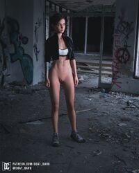 1girls 3d 3d_(artwork) abandoned_building abs absurd_res absurdres alternate_version_available arm_tattoo bottomless bottomless_female bra brown_hair casual clothed clothed_female clothing coatdark collarbone dat_pussy ellie_(the_last_of_us) ellie_williams eyebrow_slits female female_focus female_only footwear freckles front_view full_body green_eyes hairless_pussy half_updo human innie_pussy jacket leather_jacket lesbian midriff naughty_dog no_panties no_pants pale-skinned_female pale_skin petite puffy_pussy pussy seductive_look shaved_pussy shoes shoes_without_bottomwear short_hair skinny small_breasts sneakers sneakers_without_bottomwear solo solo_female solo_focus sony_interactive_entertainment sports_bra sportswear tattoo tattoo_on_arm tattooed_arm the_last_of_us the_last_of_us_2 tied_hair toned toned_female toned_stomach