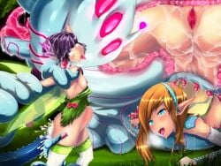 2girls ahe_gao aomidori blush cum cum_inside flat_chest fucked_silly group_sex inflation large_insertion monster multiple_girls overflow rolling_eyes stomach_bulge tear tentacle tongue vore