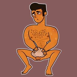 1boy abs blush brown_hair completely_nude completely_nude_male diego_(disventure_camp) diego_olivo disventure_camp disventure_camp:_carnival_of_chaos gay hairy_chest latin lukasaygex male_only muscles muscular solo sweat toony toys yaoi