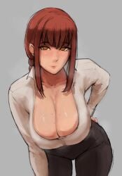 chainsaw_man cleavage large_breasts leaning_forward makima_(chainsaw_man) paranoiddroid posing red_hair sweat sweating