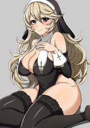 1girls corrin_(fire_emblem) corrin_(fire_emblem)_(female) fire_emblem fire_emblem_fates goma_tarata grey_hair large_breasts looking_at_viewer nintendo nun nun_outfit pointy_ears red_eyes smile thick_thighs thighs