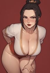 1girls ai_generated avatar_the_last_airbender azula black_hair blush breasts brown_eyes cleavage clothed female huge_breasts leaning_forward lipstick looking_at_viewer pose posing smile solo