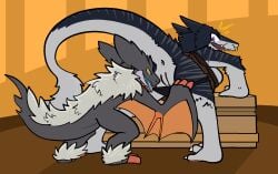 anthro anus ass bat bent_over clothed clothing duo fan_character female genitals hair hi_res imminent_sex male male/female mammal panties panties_down partially_clothed piercing pulling_panties_down pussy sergal surprised_expression trout_(artist) underwear underwear_down undressing_another