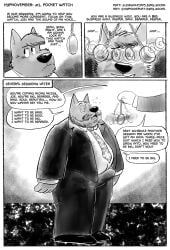 2024 anthro beard belly billy_fore blank_stare canid canine canis clock clothing comic dialogue duo english_text facial_hair gloves greyscale hair handwear hi_res hypnosis hypnotherapy hypnovember joewolf male mammal mature_male mind_control monochrome necktie offscreen_character open_mouth overweight overweight_male pendulum pendulum_swing pocketwatch solo_focus speech_bubble spiral_eyes standing submissive submissive_male suit tenting text transformation watch weight_gain wolf