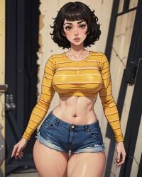 ai_generated godexiamage large_breasts long_sleeves midriff persona persona_5 sadayo_kawakami shirt short_hair short_shorts shorts tight_clothing