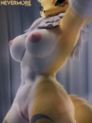 anthro areola bandai_namco big_breasts blue_eyes breasts digimon digimon_(species) female fur genitals hi_res neck_tuft nevermoredawn nipples nude pussy renamon selfie solo tail tuft yellow_body yellow_fur