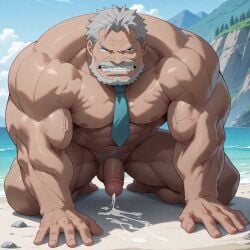 ai_generated bara beach cum cum_on_ground cumshot hyper_muscles male_only monkey_d_garp muscular muscular_male nude_male older_male one_piece tagme thick_penis tie tie_only