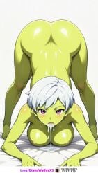 ai_generated ass beautiful_girl breasts cheelai cum cum_in_mouth dragon_ball_super female green_body hot hot_ass oily oily_body oily_breasts pink_eyes sexy_body sexy_female sexy_pose sweat white_hair