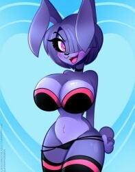 2024 anthro artist_name big_breasts bikini bonnie_(fnaf) bunny_ears bunny_tail busty enormous_breasts female five_nights_at_freddy's fnaf furry furry_female furry_only hair_over_one_eye huge_breasts lagomorph legwear lewdwhorse panties pink_eyes purple_body rabbit rabbit_tail scottgames short_hair slim_waist solo strapless_bra thighhighs twitter twitter_link twitter_username