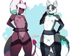 absurd_res anthro breast_size_difference breasts canid canine canis choker clothing demon domestic_dog duo female flat_chested fluffy garter_belt garter_straps genitals gloves grey_eyes handwear hi_res horn humanoid husky jewelry legwear lingerie luxar92 mammal monodog necklace nipples nordic_sled_dog noxia nude pink_body pink_eyes pink_nipples pinup pose pussy small_breasts spade_tail spitz tail thigh_highs