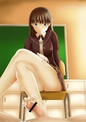 amagami artist_request ayatsuji_tsukasa barefoot black_hair blush chair classroom crossed_legs cum feet female footjob fringe legs legs_crossed long_hair penis school_uniform skirt smile thighs