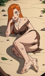 ai_generated barefoot ben_10 ben_10_ultimate_alien bigmic145 bone_necklace breasts cavewoman cleavage dirty dirty_feet feet female female_focus female_only ginger ginger_hair gwen_tennyson gwen_tennyson_(alien_force) gwen_tennyson_(ultimate_alien) hair_over_one_eye jurassic loincloth long_hair medium_breasts orange_hair ripped_clothing single_bare_shoulder