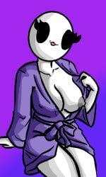 bald bald_female black_eyes breasts chetoh claire_(chetoh) clothes_pull egg female grey_nipple looking_at_viewer nightgown nipple oc original original_character purple_nightgown revealing_breasts revealing_nipples sitting sitting_down smile smiling tongue tongue_out white_body