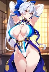 1girls ai_generated big_breasts breasts fate/grand_order fate_(series) female female_focus female_only huge_breasts large_breasts long_hair looking_at_viewer mature_female milf ponytail red_eyes smiling smiling_at_viewer tomoe_gozen_(fate) tomoe_gozen_(swimsuit_saber) white_hair