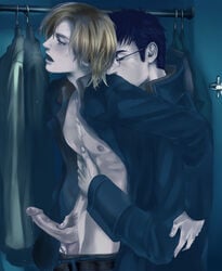 2boys belt blonde_hair bulge closet erection gay glasses hair_on_penis handjob harry_james_potter harry_potter hug indoors male male_only multiple_boys nipples numeri_(pixiv) open_clothes open_shirt penis precum reach_around scorpius_malfoy standing testicles uncensored undressing yaoi