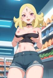 ai_generated bare_breasts blonde_female blonde_hair boruto:_naruto_next_generations boruto:_two_blue_vortex breasts breasts_out choker delta_(boruto) forehead_mark grabbing_own_breast looking_at_viewer naruto_(series) nipples pink_eyes pulling_down_top pulling_top_down ripped_clothing shorts showing_breasts smile smiling tight_shorts topwear yellow_lipstick