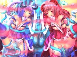 2girls aomidori blush captured defeated empty_eyes female_on_feral feral feral_on_female feral_on_humanoid feral_penetrating humanoid humanoid_on_feral humanoid_penetrated interspecies monster multiple_girls nipples rape restrained slime slime_monster tentacle zoophilia