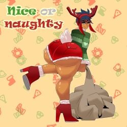 antler_headband antlers ass bad_anatomy big_ass blue_eyes booty_shorts bottom_heavy christmas christmas_outfit danivere_(dual_dragons) dual_dragon english_text heels huge_ass looking_at_viewer looking_back simple_background sweater thick_thighs two_tone_hair