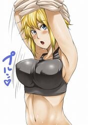 blonde_hair blue_eyes blush bouncing_breasts breasts cholesenel chrome_shelled_regios erect_nipples nina_antalk pointy_chin short_hair sweat undressing