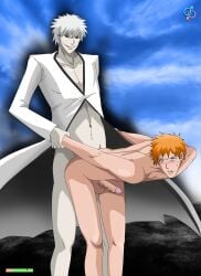 blush gay gay_sex hollow_ichigo ichigo_kurosaki orange_hair palcomix rear_deliveries selfcest skinny tagme white_hair yaoi