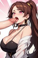 ai_generated black_tank_top breasts brown_hair choker hoop_earrings imminent_oral open_mouth penis pink_eyes ponytail