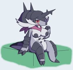 6_breasts aliasing blush blush_lines breasts digital_media_(artwork) female generation_5_pokemon inverted_nipples mostly_nude multi_breast nintendo nipples oagoner open_mouth open_smile pokemon pokemon_(species) quote_(nulloffset) red_eyes samurott scarf scarf_only simple_background sitting smile solo