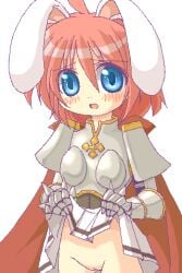 2000s_(style) animal_ears armor blue_eyes blush boobplate cape commentary_request cowboy_shot cross female lifting_own_clothes looking_at_viewer lord_knight_(ragnarok_online) lowres miniskirt no_panties oekaki open_mouth pauldrons pink_hair pussy rabbit_ears rabbit_girl ragnarok_online raised_inner_eyebrows red_cape shirokuro_(lapinnoir) short_hair shoulder_armor simple_background skirt solo spiked_gauntlets uncensored white_background white_skirt