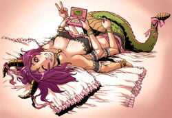 bare_midriff bed bow bracelet breasts cleavage clothing collar gesture grin highres horns jewelry krazy_krow lamia large_breasts marilith medusa midriff monster monster_girl multi_arm multi_limb naga pillow purple_hair scales source_request tail v wink