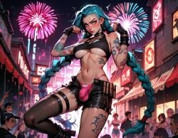 ai_generated arcane arcane_jinx blue_hair bulge bulge_through_clothing dancing dynamic_pose futa_bulge futa_only futanari jinx_(league_of_legends) manofmidas purple_eyes street tattoos underboob