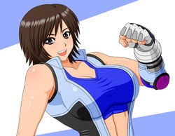 breasts brown_eyes brown_hair cleavage elbow_pads female female_only fingerless_gloves gloves human kazama_asuka large_breasts makani_kohitujito namco pointy_chin short_hair smile solo tekken tekken_5_dark_resurrection