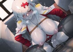 1boy bar_censor blush breasts breasts_out censored chaps chest_strap cleavage closed_eyes clothing_cutout coat coat_on_shoulders commentary_request cropped_jacket desk dog_tags female giyouza goddess_of_victory:_nikke grey_hair hair_between_eyes hair_ornament hairclip highres jacket large_breasts leotard long_hair looking_at_viewer messy_hair navel_cutout nipples one_eye_closed penis pussy red_jacket sex sharp_teeth shiny_skin skindentation spread_legs sweat teeth vaginal_penetration white_coat yulha_(nikke)